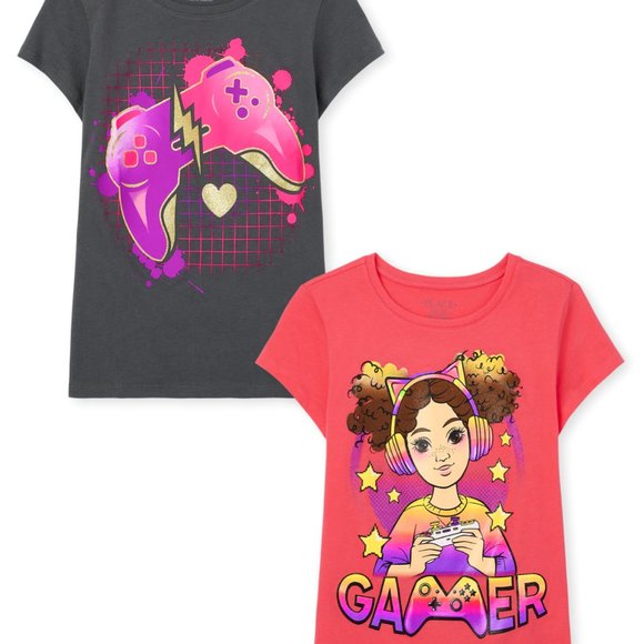 The Childrens Place Girls Gaming Graphic Tee Short Sleeve- 2 pack M (7/8) NWT - Picture 1 of 4